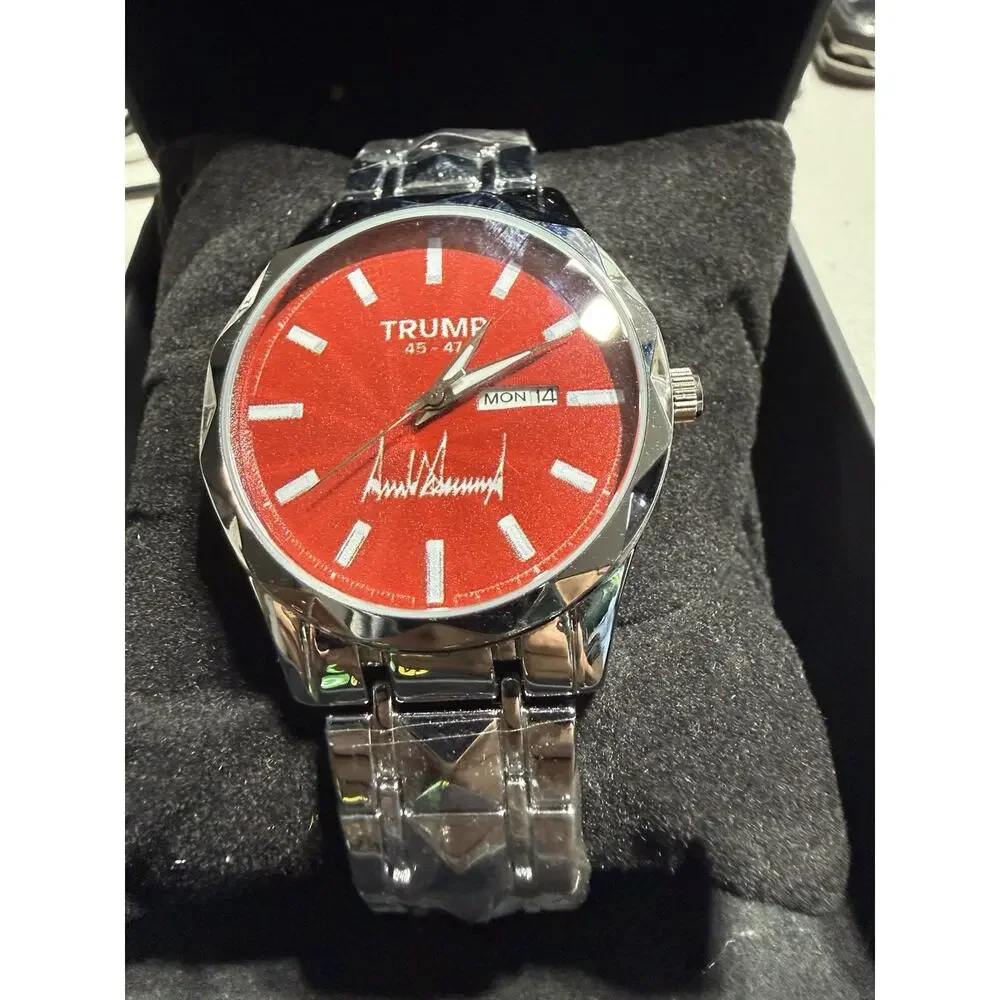 TRUMP Red Dial Analog Day/Date Wristwatch Silver Tone Metal Bracelet w/ Box